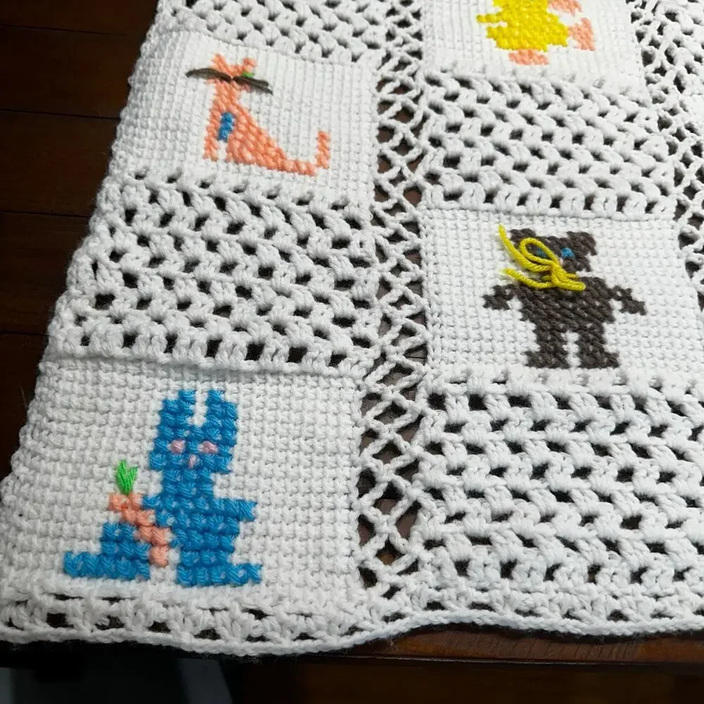 Vintage Hand Knit Quilt Crochet Afghan 36” x 36” Baby Blanket Animals Nursery